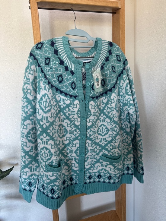 National Sweaters - 🆕 National Women's Fair Isle Patterned Teal and White Button-Up Cardigan Sweater